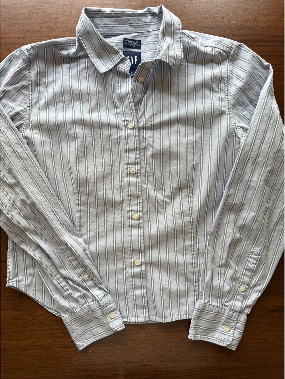 GAP Women's Fitted Cropped Shirt Light Blue w/Navy Stripes - Size M